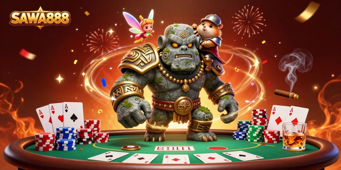 Experience thrilling gameplay in SAWA888 with a vibrant casino scene of characters and poker elements.
