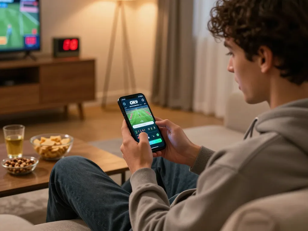 Engaged bettor using Ok9 sports app for live betting during a game.