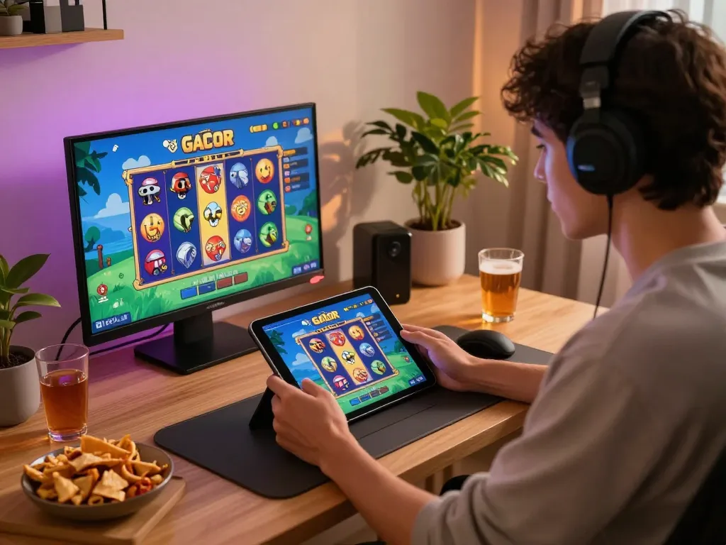 Engaging in slot gacor gameplay on a tablet in a cozy home setting.