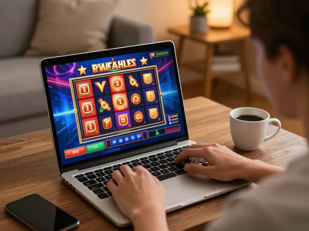 Player enjoying online slots at home through uu88ae on a stylish laptop with cozy decor.