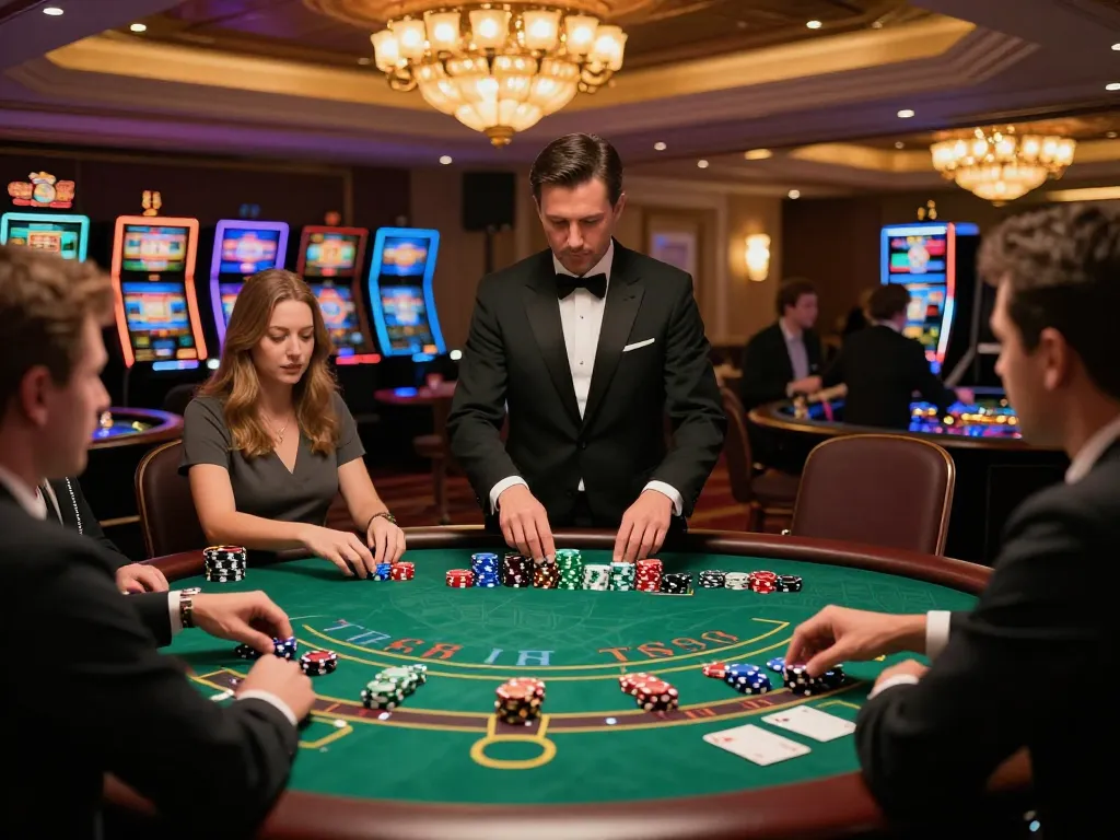 Players engaged at a blackjack table in a luxurious casino setting, highlighting the TG88 gaming experience with strategic betting.