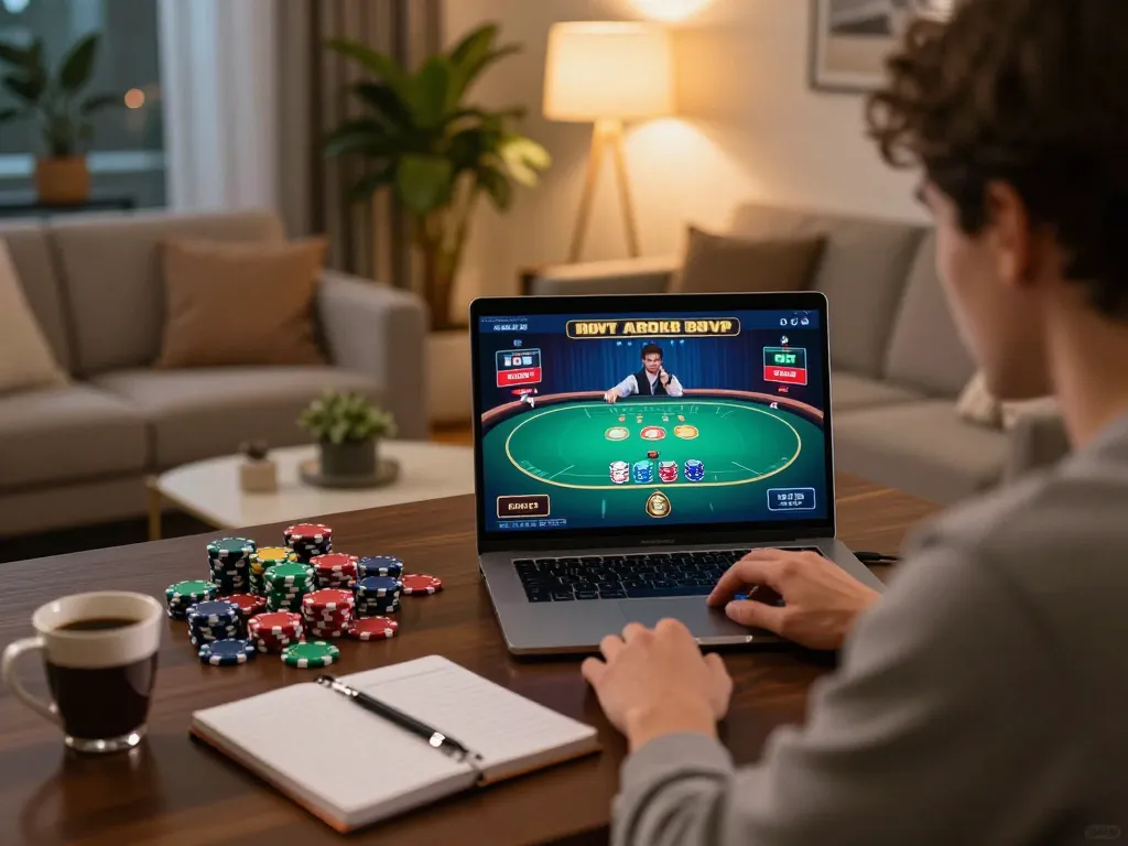 Player enjoying vibrant online poker at home with DH88, displaying strategic gambling elements.