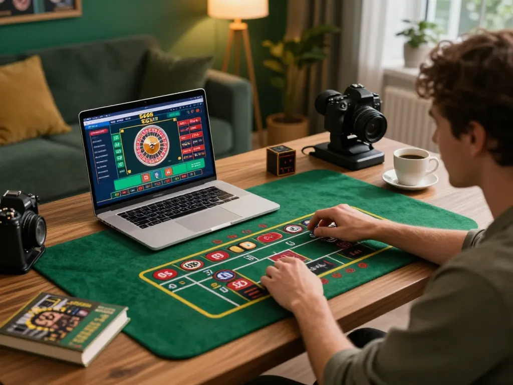 S666 user engaging in a thrilling online roulette game at home, showcasing a modern setup.