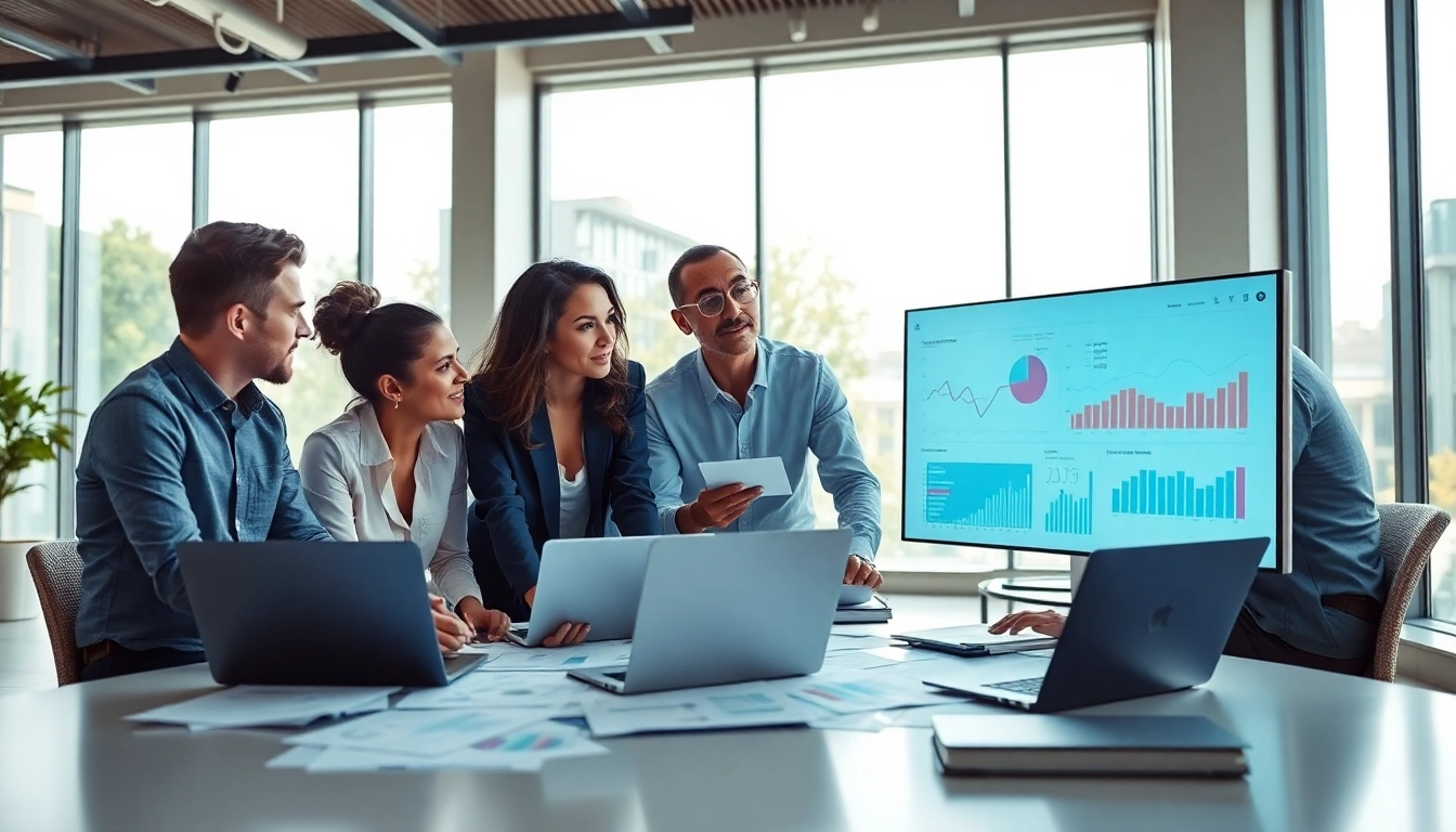 Team collaborating on b2b competitive intelligence analysis with data charts in a modern office.
