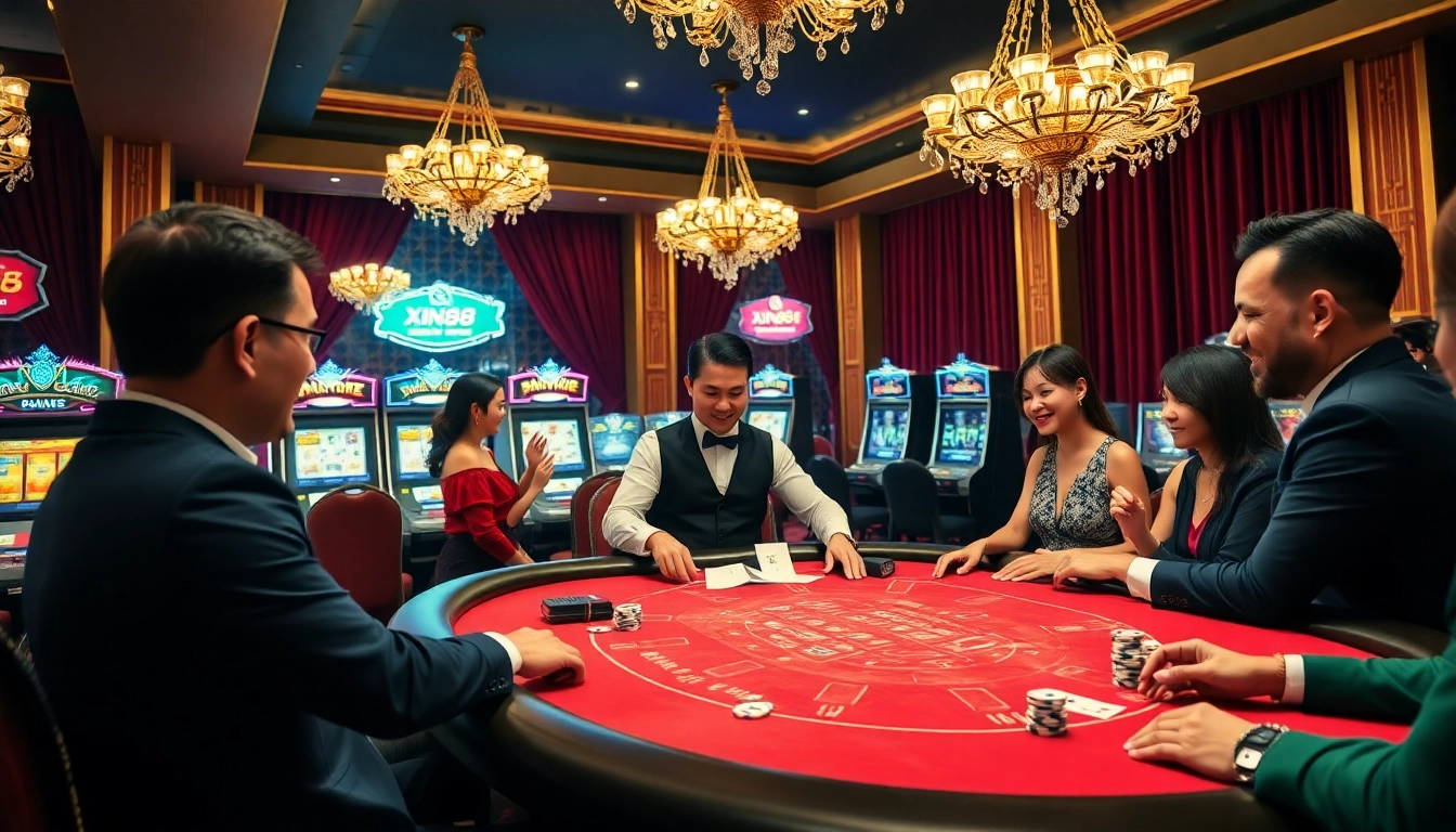 Players enjoying a thrilling blackjack game at Xin88 casino, featuring professional dealers and vibrant decor.
