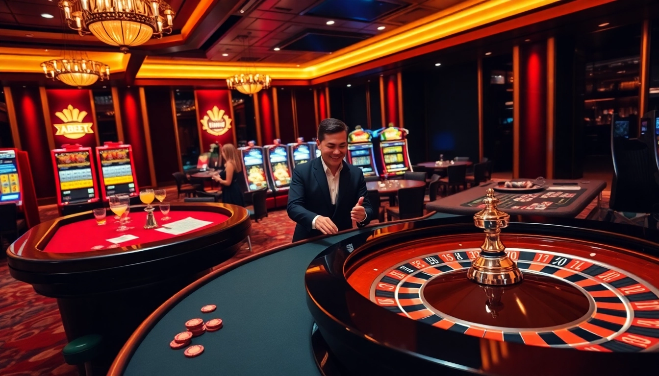 Experience thrilling gaming action at Thabet77 with vibrant casino tables and players in excitement.