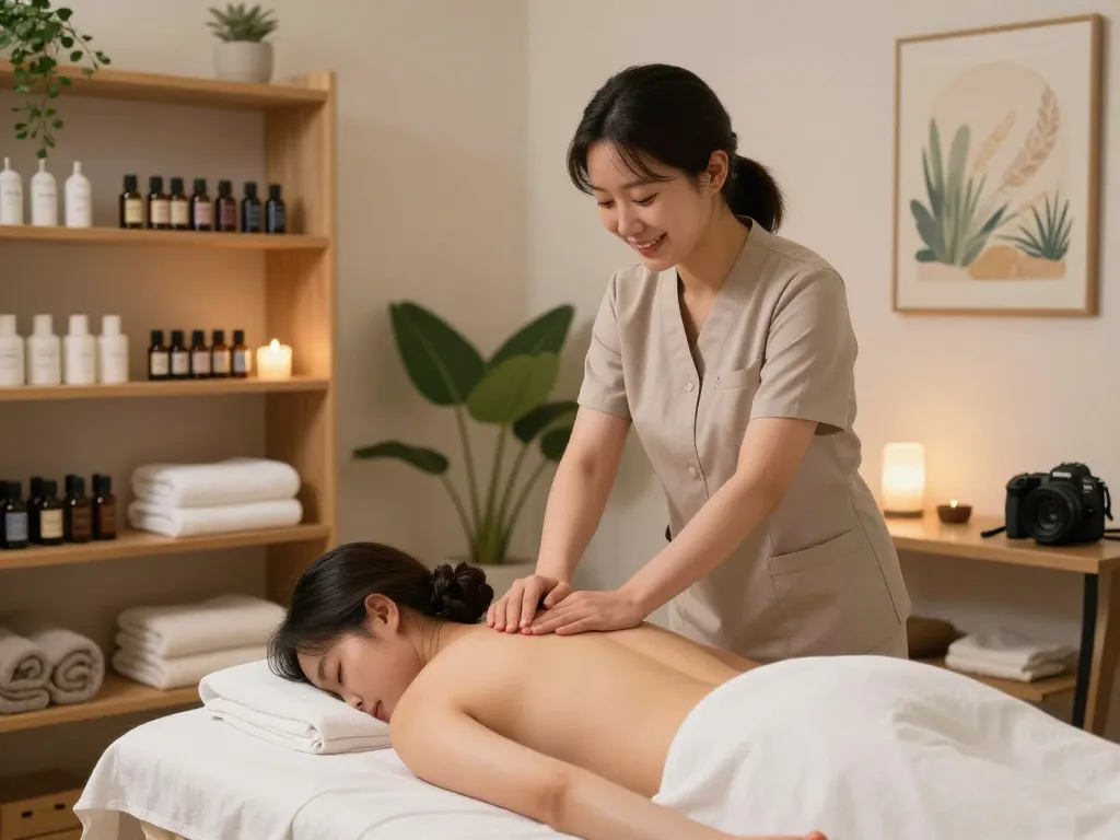 Enjoying a soothing 논현동마사지 therapy session in a serene wellness studio environment.