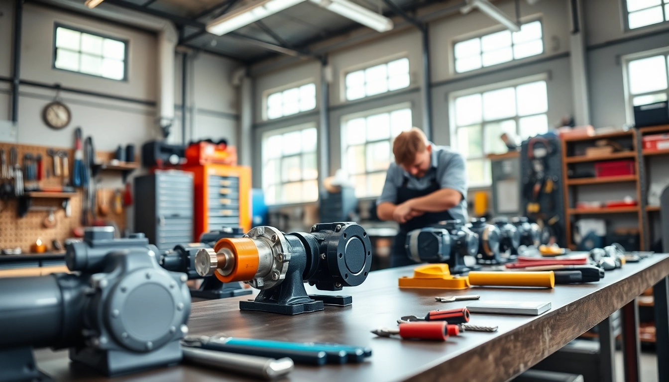 Showcasing hydraulic pump services with a technician repairing equipment in a professional workshop setting.