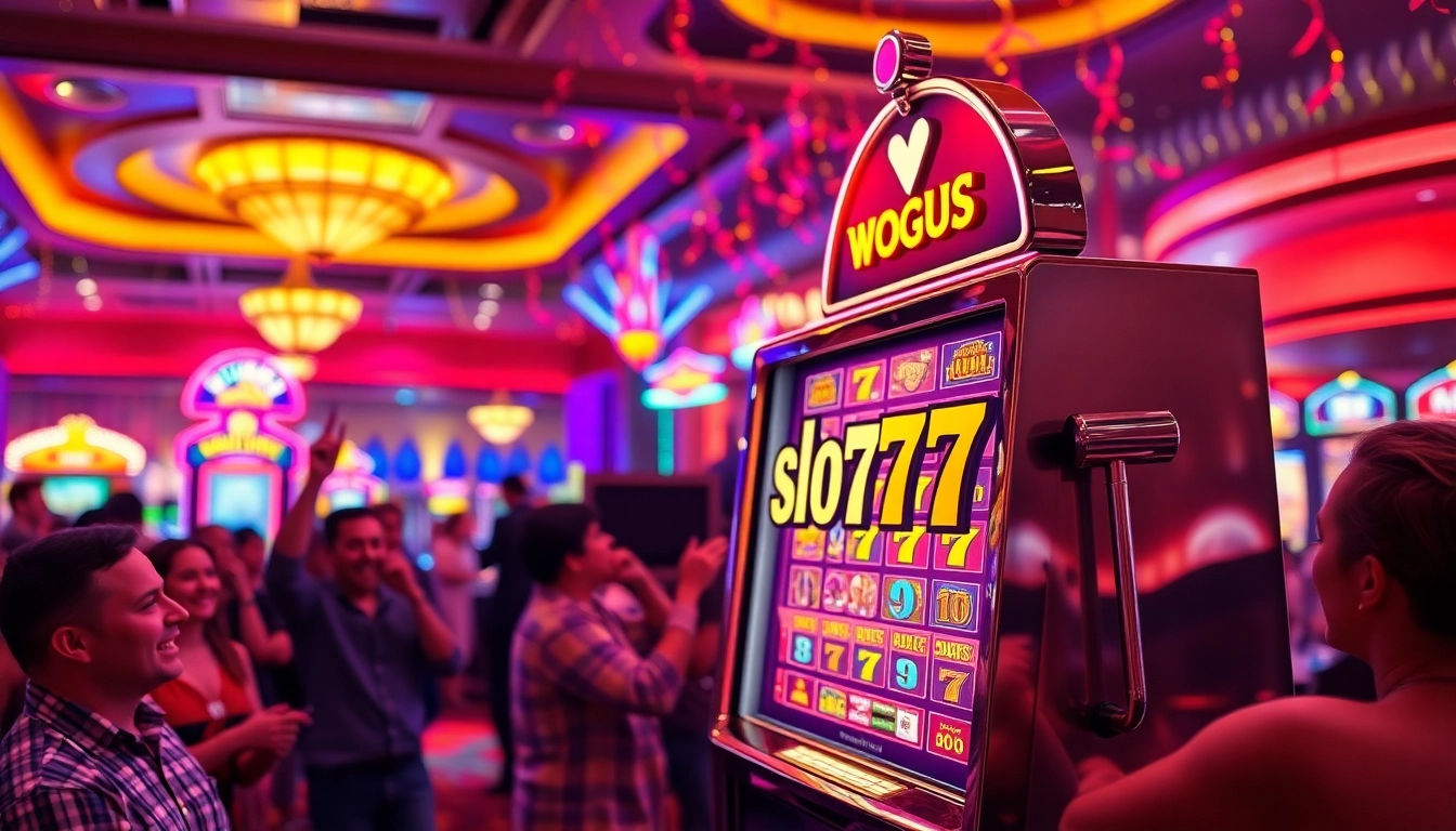 Permainan slot777 yang menarik dengan mesin slot dan kerumunan yang merayakan kemenangan.