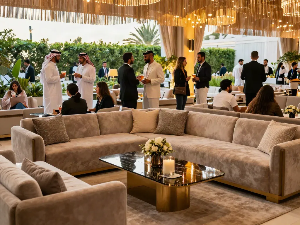 Event furniture rental showcasing an elegant corporate lounge setup with luxury seating and ambient lighting.