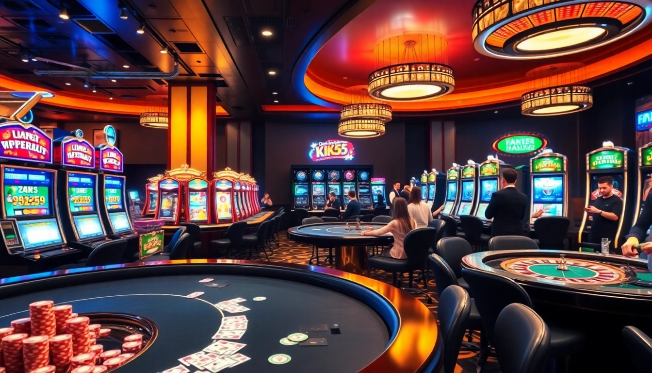 KK55 players celebrating a victory in a vibrant casino atmosphere with poker tables and slot machines.
