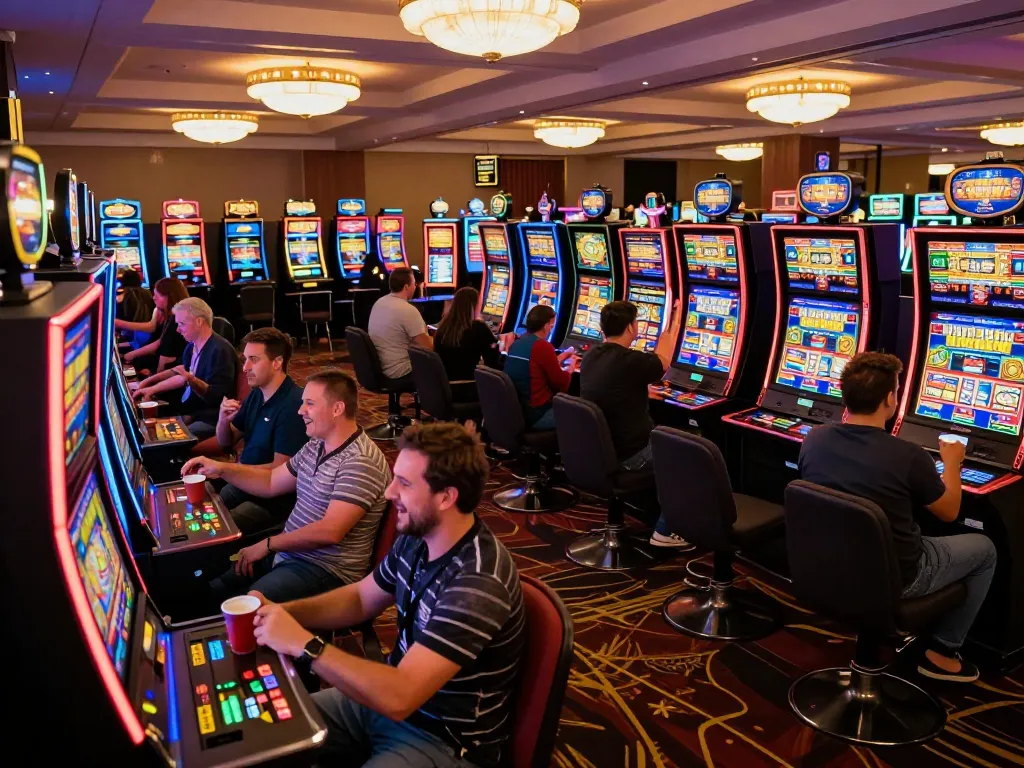 Players enjoying the excitement of slot bet 200 at a vibrant casino, celebrating small wins amidst colorful machines.