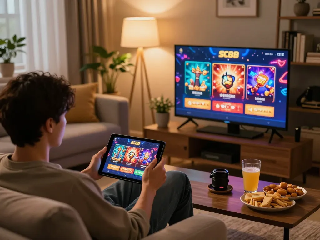 Engaging in SC88 Com mobile casino games during a cozy home session with snacks and drinks.