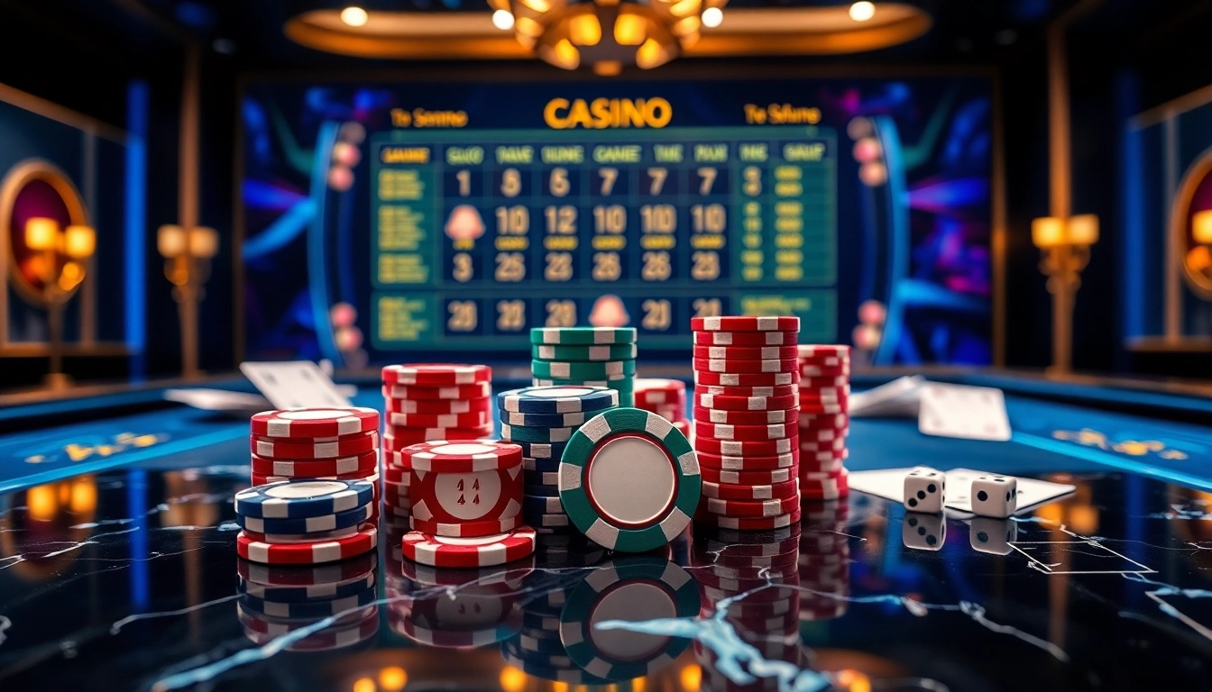 Une scène vibrante de casino en ligne mettant en avant une table de poker prestigieuse avec des jetons colorés et des cartes.