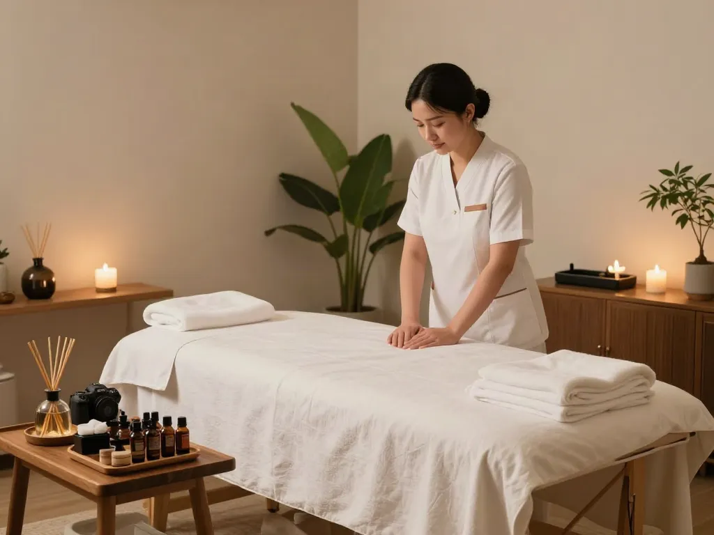 Tranquil 화정출장마사지 experience in a serene home spa setting with aromatic elements and calming atmosphere.