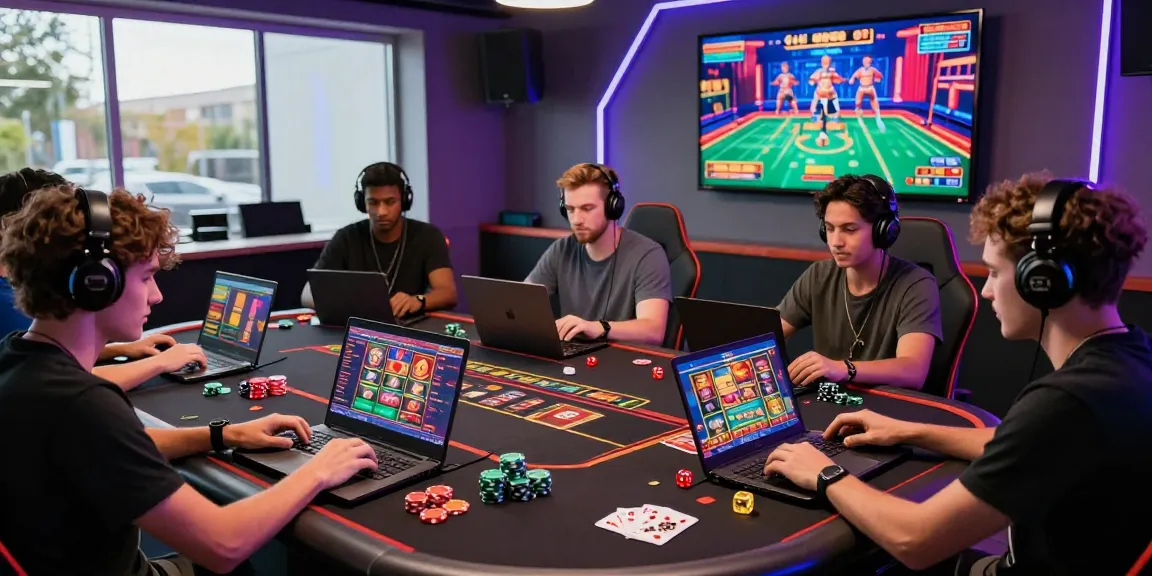 Exciting gameplay in credit card casinos UK, with players enjoying gaming on laptops and mobiles in a lively setting.