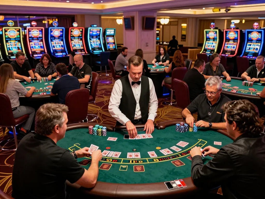 Players engage in thrilling blackjack action at a casino's sun win tables, showcasing excitement and strategy.