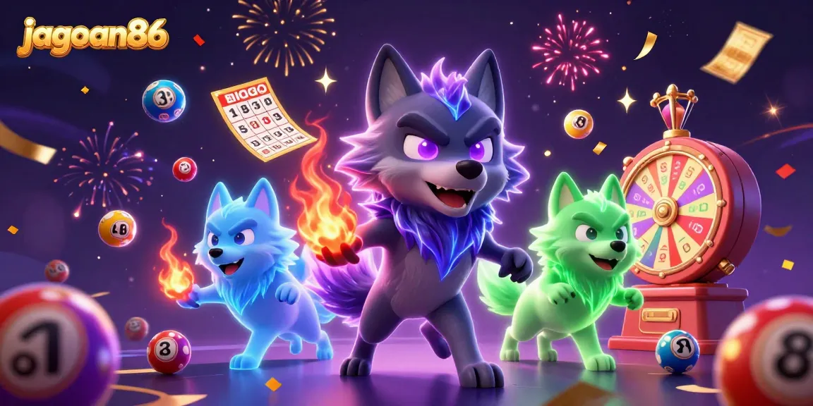 Engage with jagoan86 in a vibrant 3D casino scene featuring a shadow wolf leader and lottery elements.