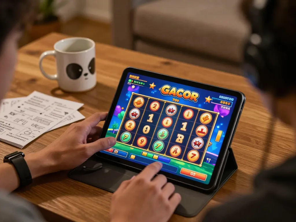 Engaging experience with slot gacor game on tablet in cozy home setting, highlighting strategic gaming.