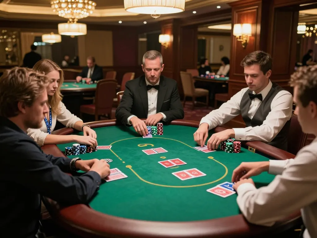 tg8 poker players strategizing at a vibrant gaming table in an upscale casino