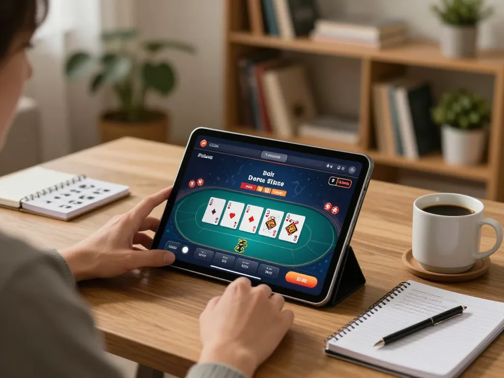 Engaging with online casino gameplay on https://n188.build/, a player strategizes over coffee in a cozy setting.