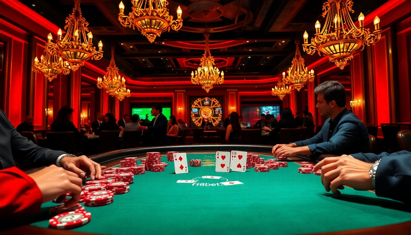 Players engage in a high-stakes poker game at f8bet.com, surrounded by luxurious casino décor.