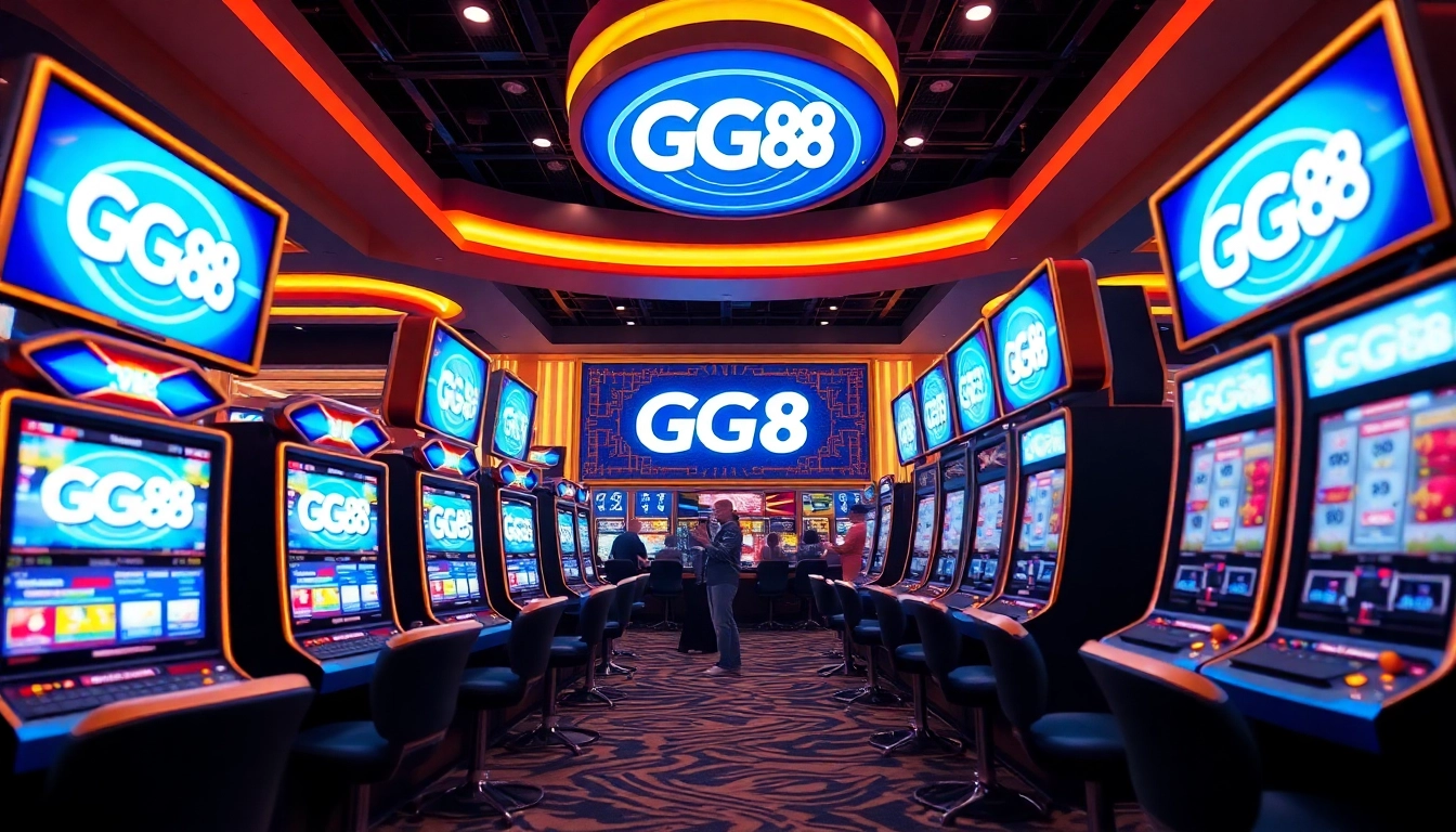 Exciting GG 88 online casino gaming environment featuring vibrant slot machines and customer service interaction.