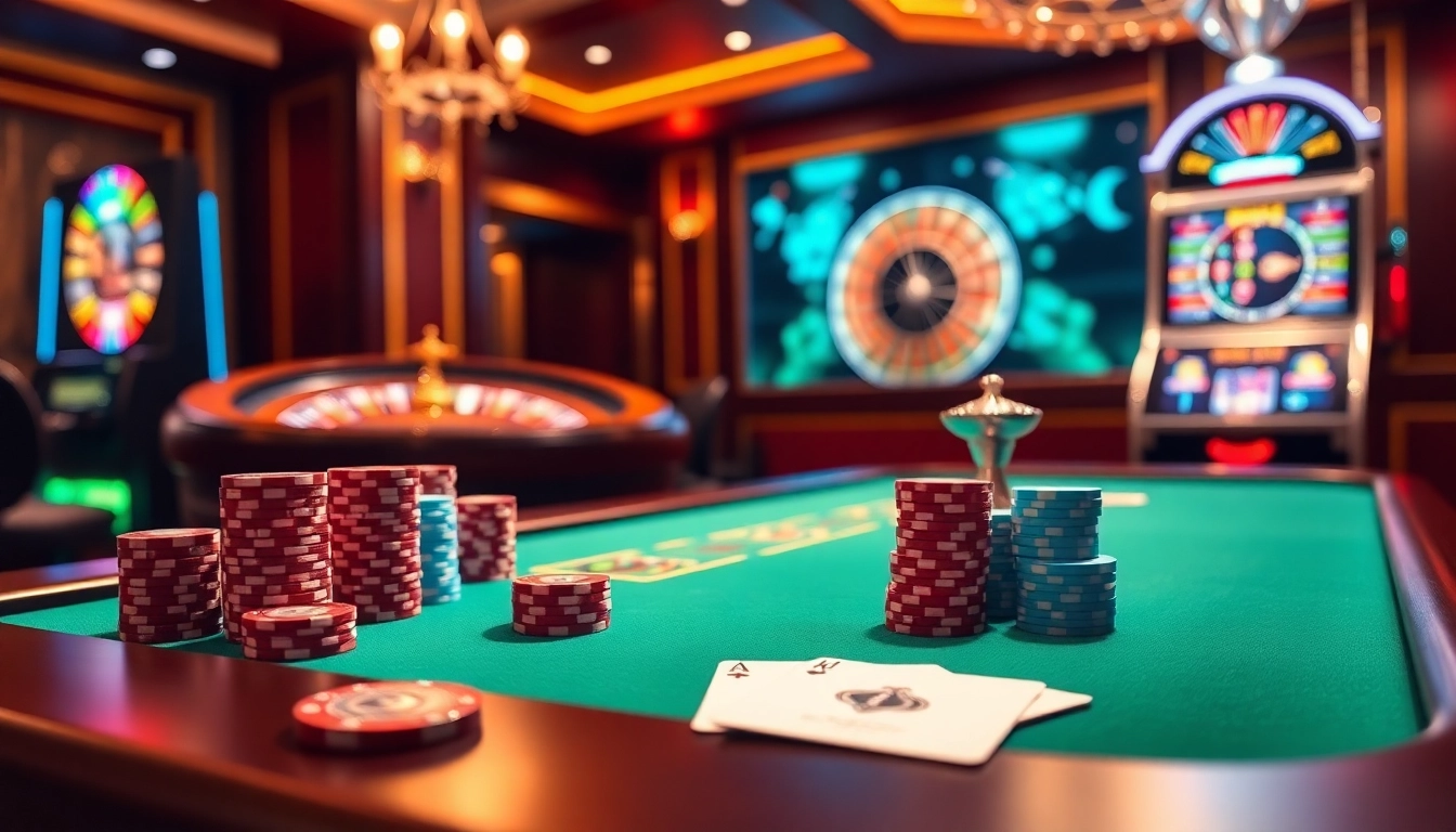 Experience thrilling games at thabet.com with elegant poker setups and vibrant roulette wheels.