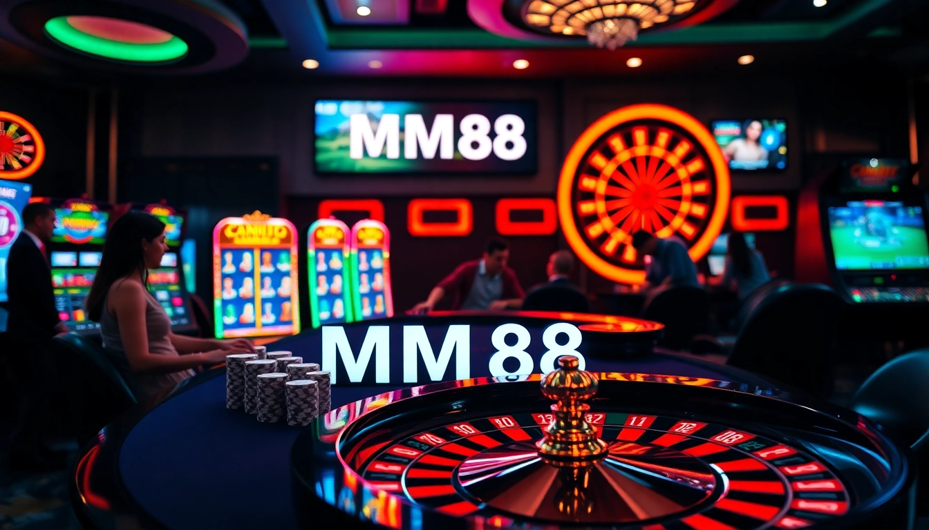MM88 casino gaming table with vibrant chips and slot machines in a luxurious setting.