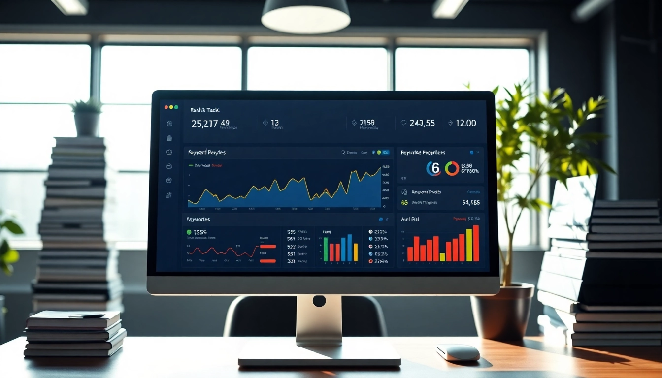 Engaging SEO Rank Tracker dashboard analytics on a sleek computer screen.