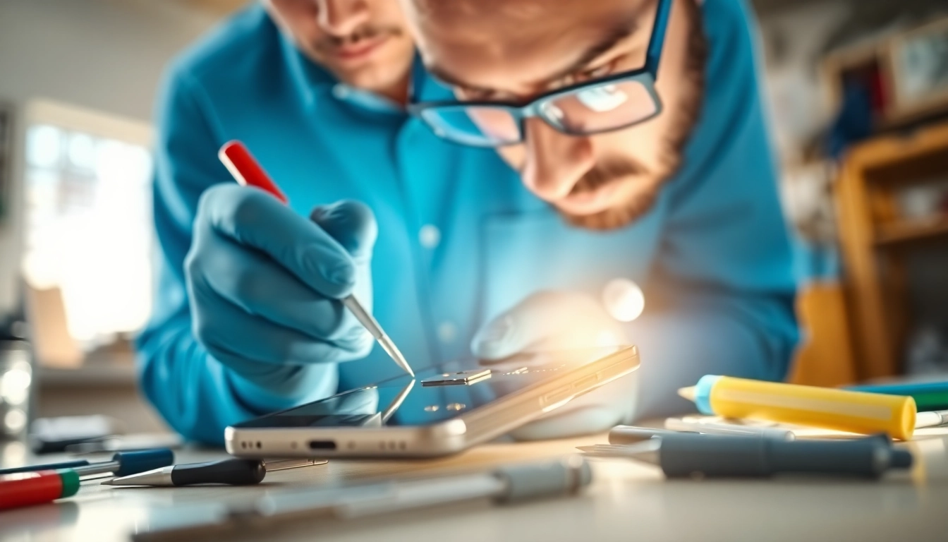 Engaging technician demonstrates screen repair on a smartphone with tools around.