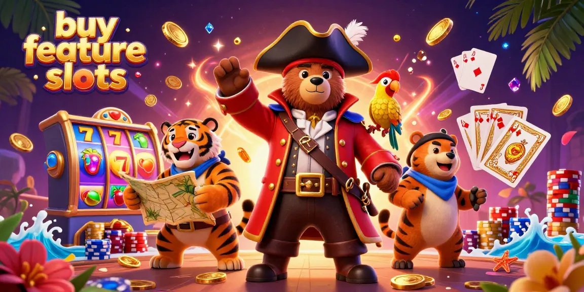 Experience excitement with buy feature slots in a vibrant 3D casino scene filled with treasure.