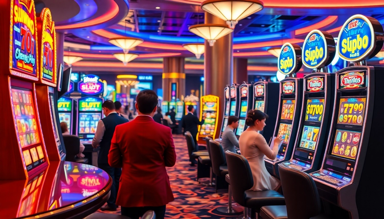 Permainan yang mendebarkan pada mesin slot Thailand, menampilkan warna-warna cerah dan pemain yang terlibat.