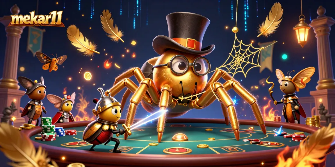 Experience thrilling action with mekar11 as the golden tarantula spins fortunes amidst glowing casino elements.