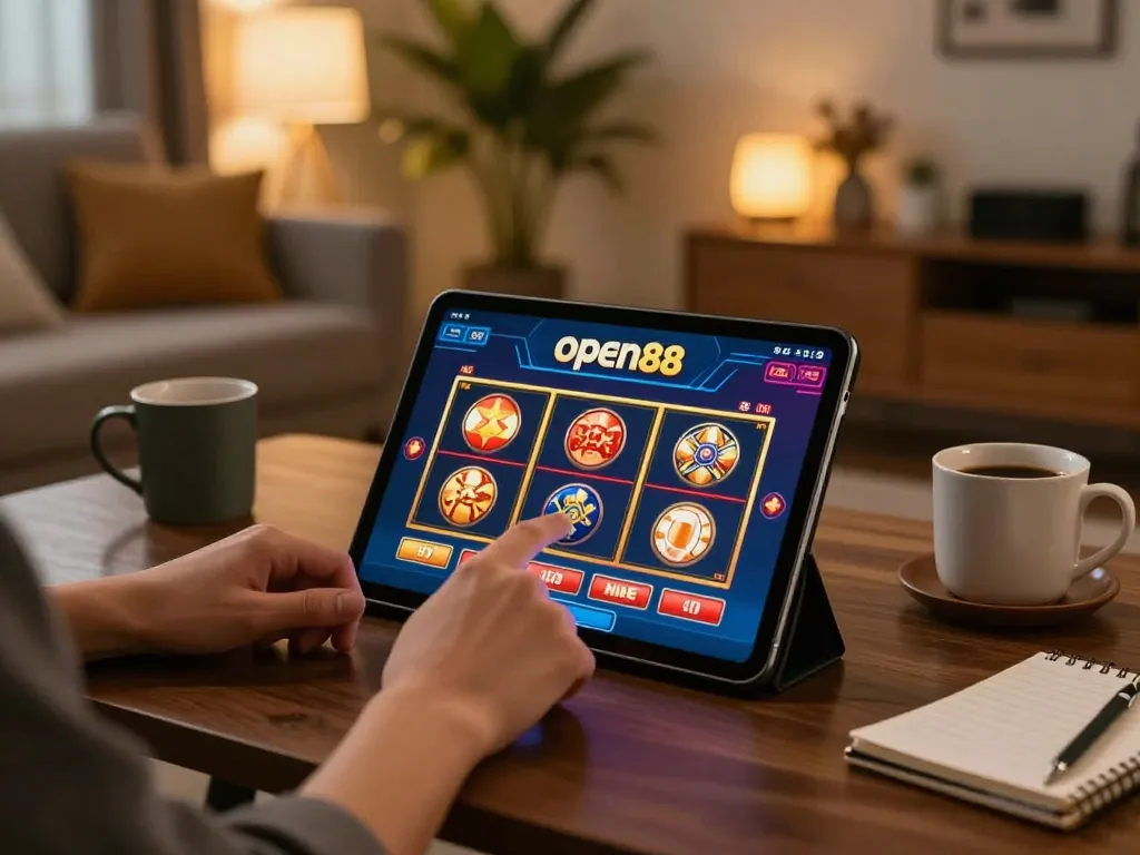 Engaging with the open88 casino app on a tablet in a cozy home setting.