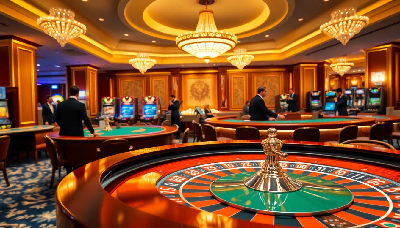 Engaging scene of players around a sunwin roulette table in an upscale casino.