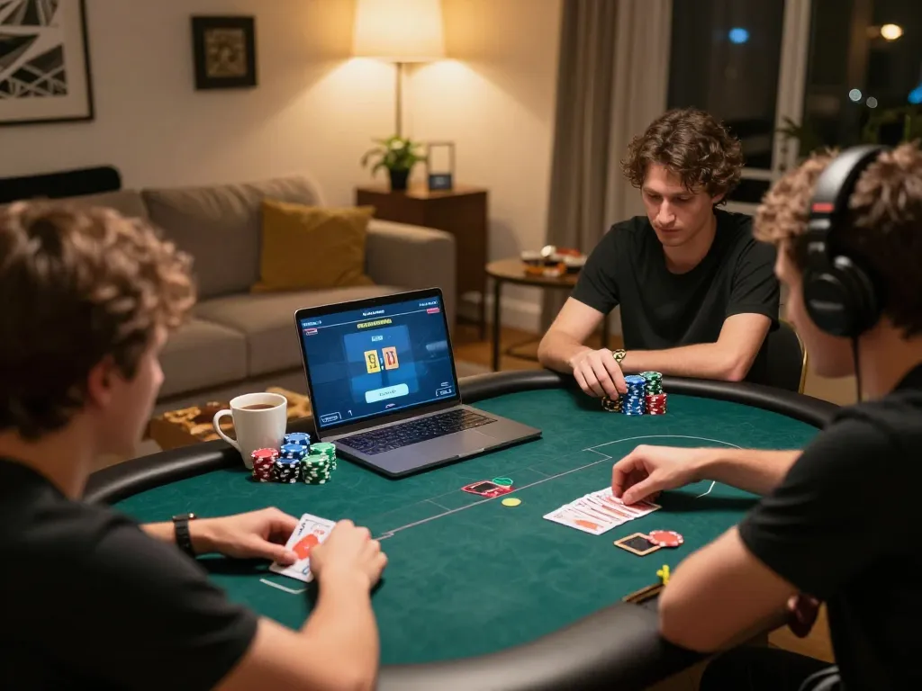 Player engaging in online poker at home, showcasing the xx88 platform in an inviting setting.