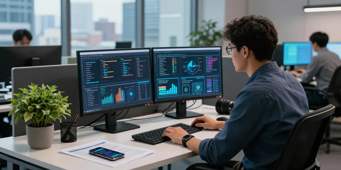Cybersecurity professional at desk analyzing shs-dome5.com data on monitors in a modern office.