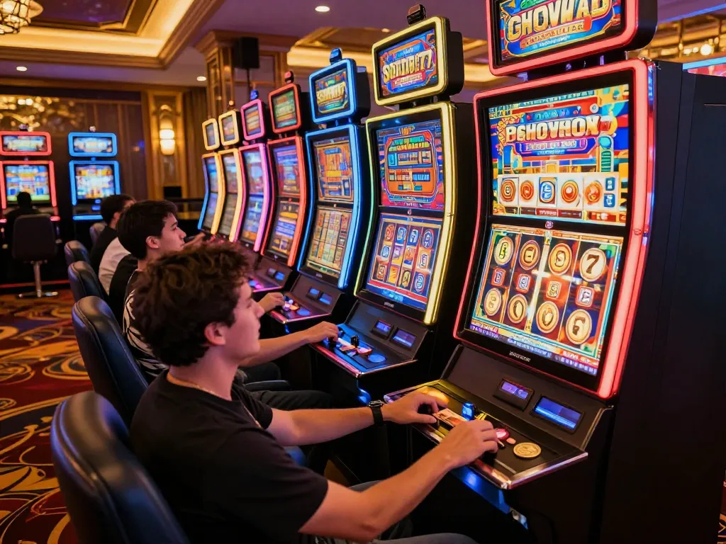 Players enjoying vibrant slot machines at SLOT777 casino, awaiting big wins.