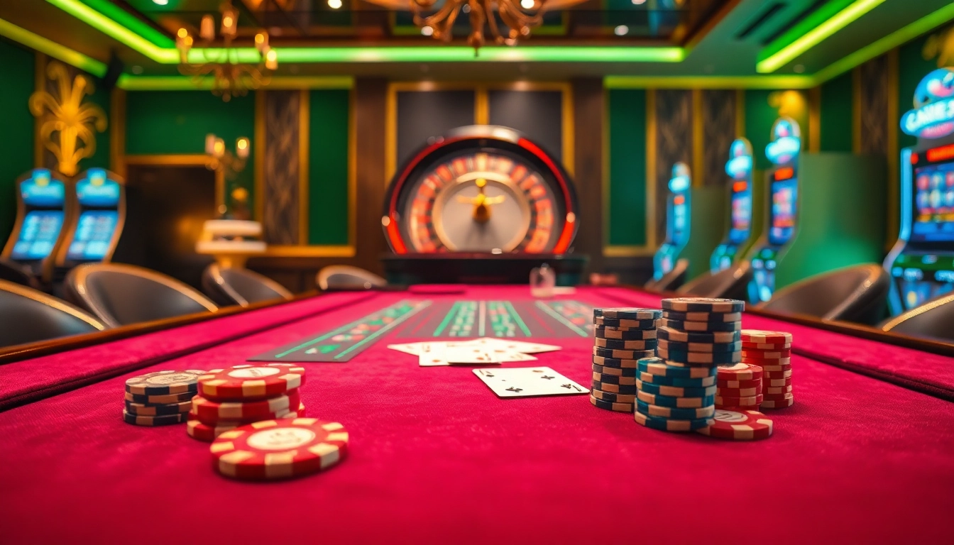 Scène de casino en ligne présentant une table de jeu avec des jetons et des cartes, incarnant l'excitation et le professionnalisme.