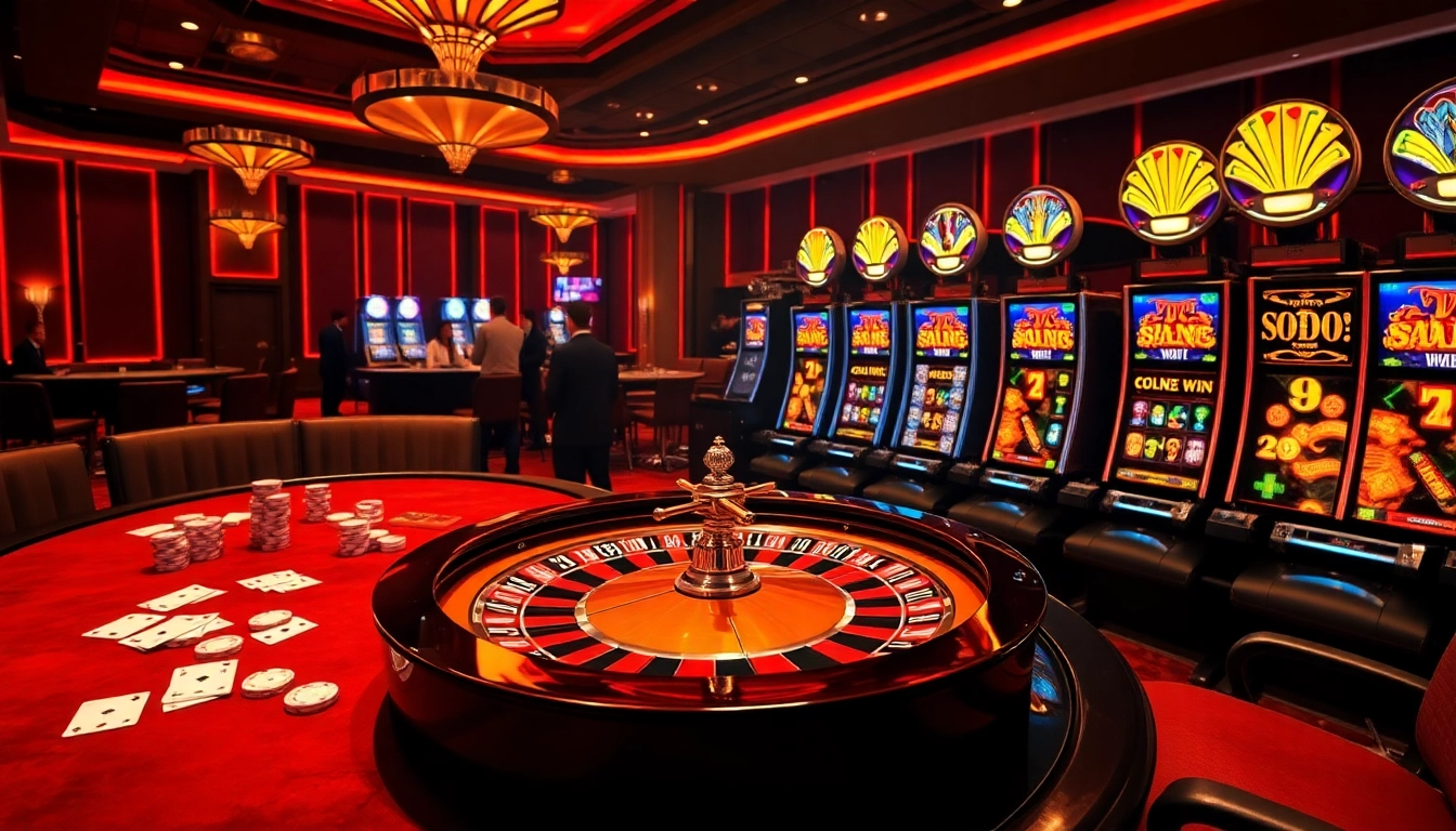 SODO66 casino scene featuring a bustling table game, roulette wheel, and vibrant slot machine wins.