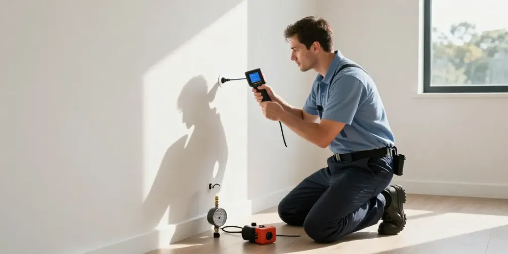Leak Detection & Repair Sydney technician assessing a wall for leaks using a thermal imaging camera.