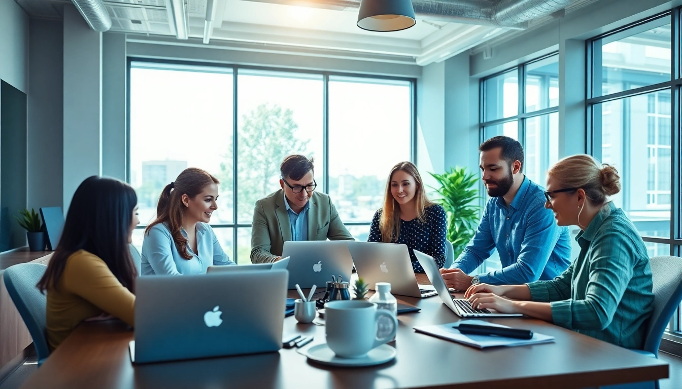 Engage in edmonton social media marketing with a diverse team collaborating in a bright workspace.