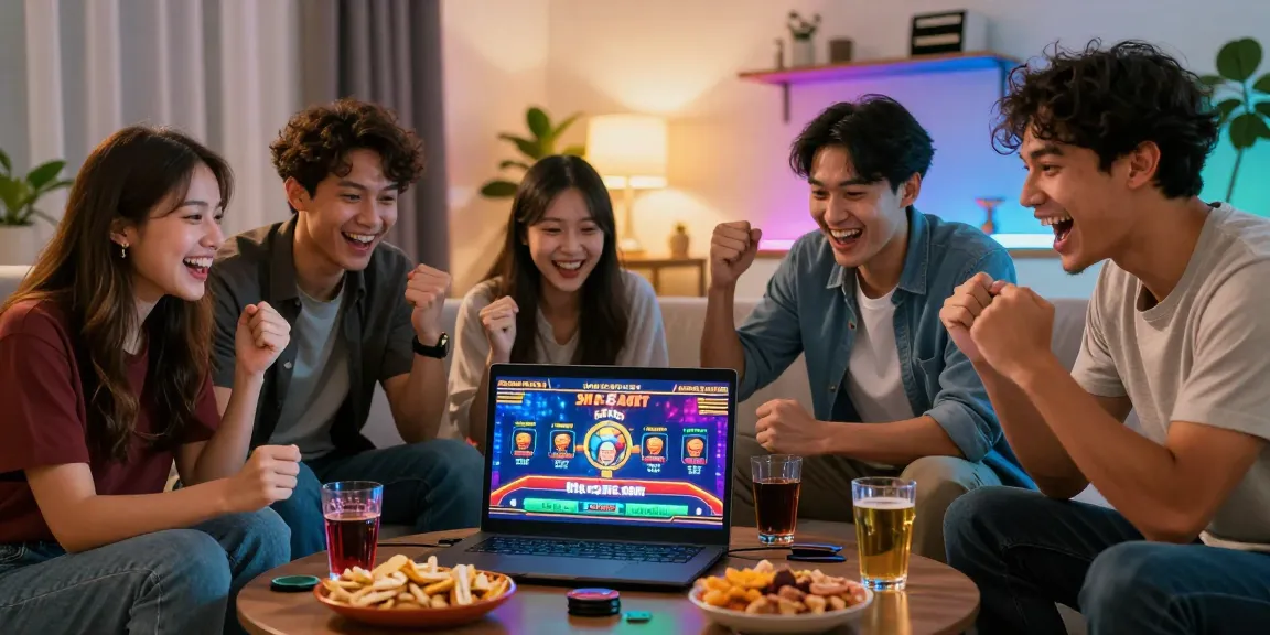 Friends celebrating while playing exciting casino games on https://sh-bet.com/ in a vibrant living room.