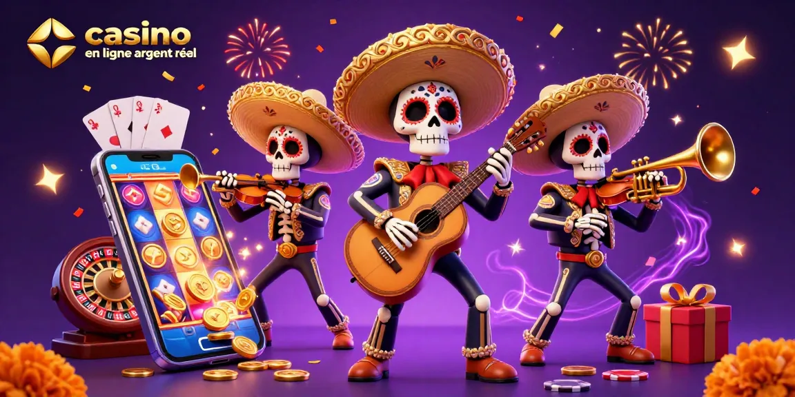 Jouez au casino en ligne argent réel avec cette illustration captivante de mariachi squelettes.