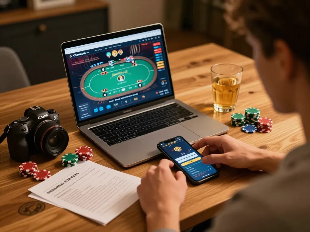 Player engaging with online poker at home, showing tr88 strategy notes and gameplay interface