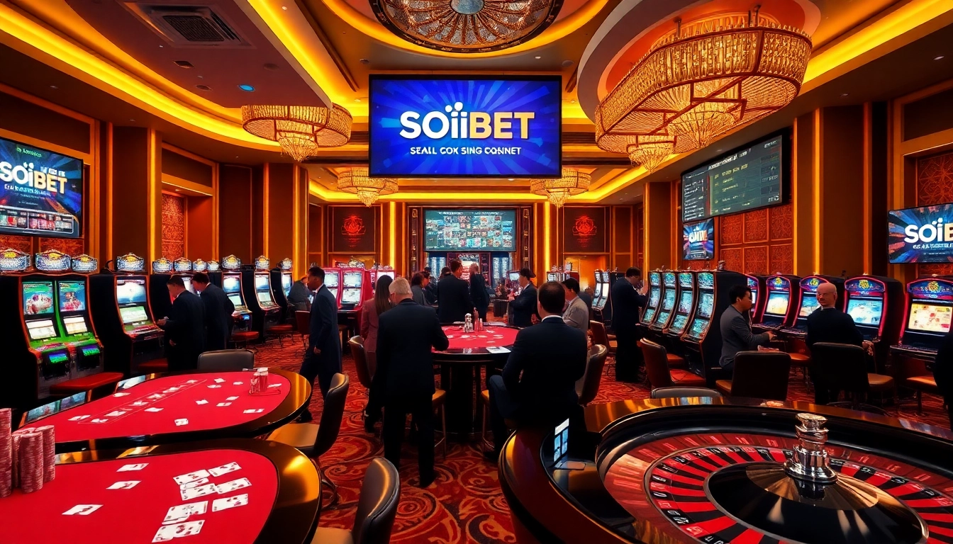 Experience the excitement of gambling at SOIBET ออนไลน์, featuring gaming tables and colorful slot machines.