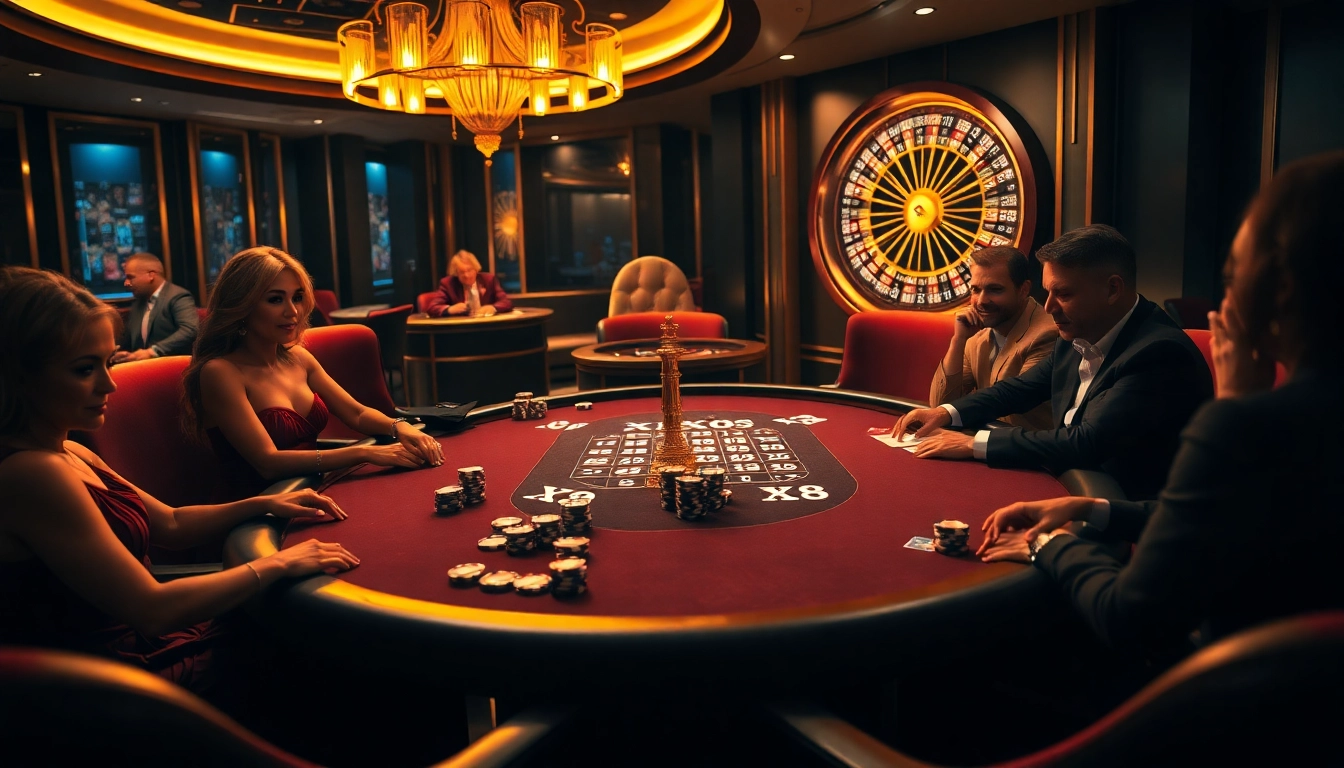 X88 casino poker scene featuring luxury chips and professional players engaged in high-stakes gaming.