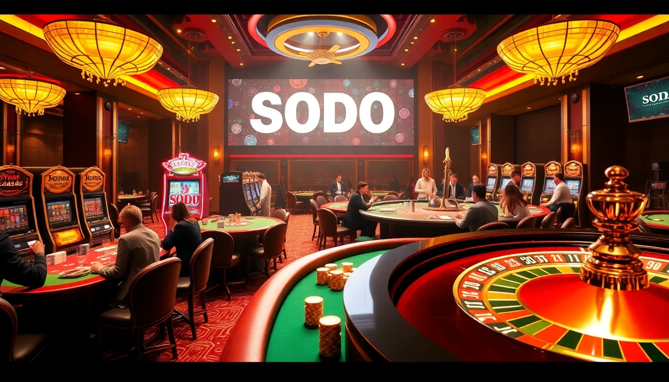 SODO casino scene with vibrant tables, poker chips, and exciting gameplay in a luxurious setting.