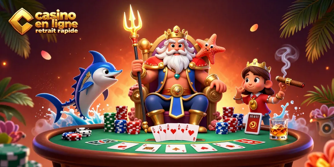 Profitez de gains rapides avec le casino en ligne retrait rapide, illustré par Neptune et des éléments de poker dynamiques.